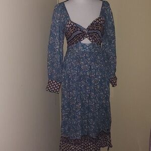 Angie Blue Floral Maxi Midi Dress with Cutout